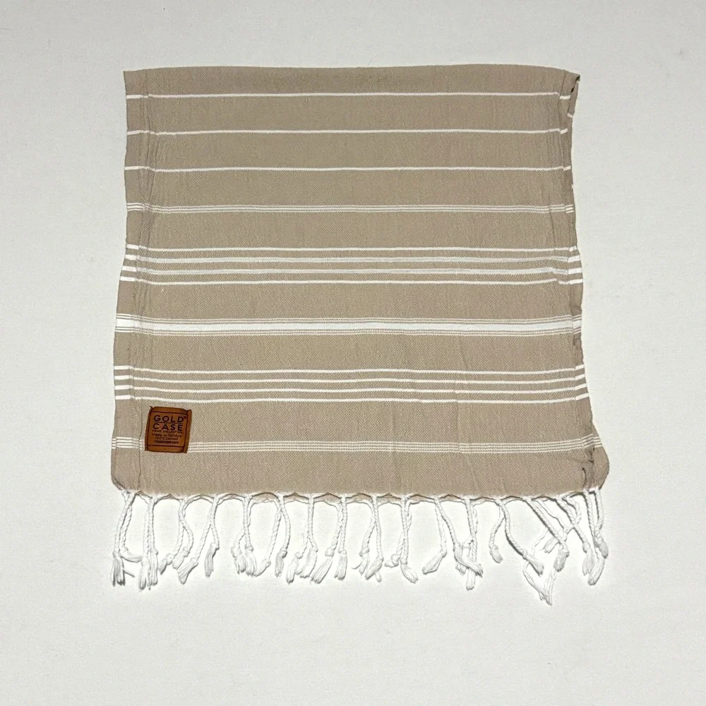 Gold Case Turkish Hand Towel Unisex OS Tan White Striped Cotton Fringe Farmhouse